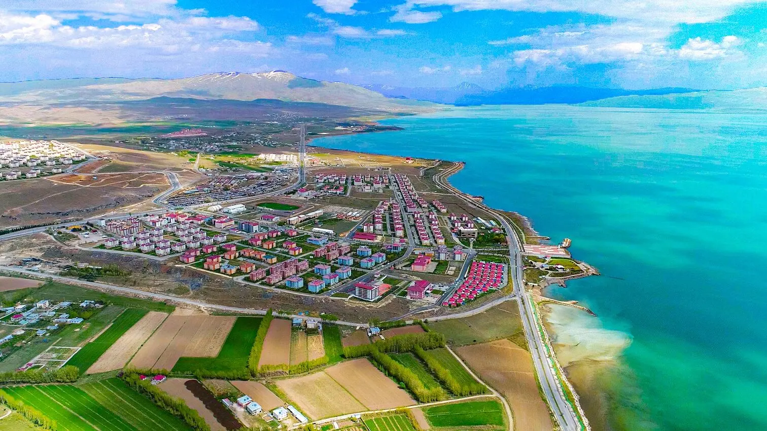 Aerial view of housing, fields and trees along a turquoise lakeshore