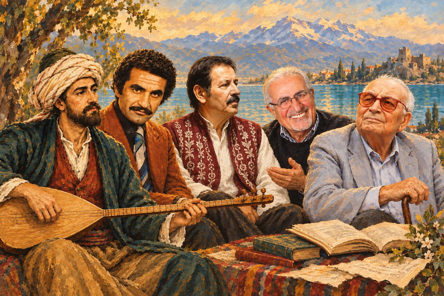 An imagined oil-painting composition of Ercişli Emrah, Atakan Çelik, Ahmet Poyrazoğlu, Hüsamettin Subaşı and Yaşar Kemal, from left to right, with a saz, books and a lake backdrop.