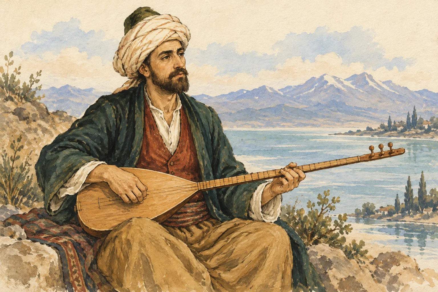 An imagined Ercişli Emrah, a bearded bard in a turban holding a saz, against a suggested lake and mountain landscape.